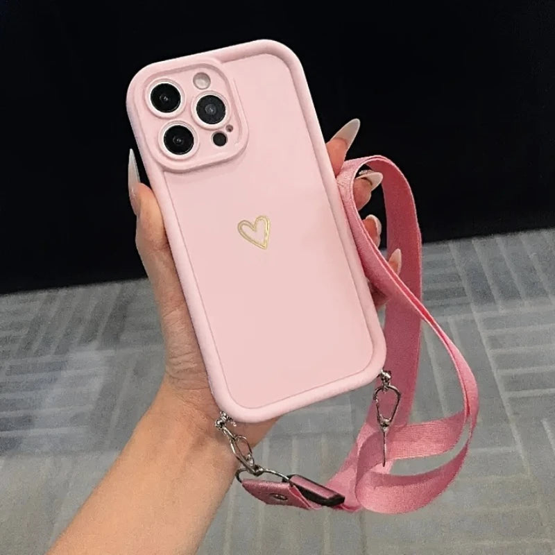 Gold Love Heart With Adjustable Hanging Rope Portable Phone Case For iPhone 17 16 15 14 13 12 11 Pro Max Air 16E X XR XS Cover