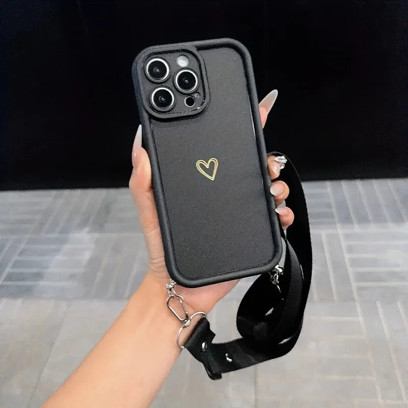 Gold Love Heart With Adjustable Hanging Rope Portable Phone Case For iPhone 17 16 15 14 13 12 11 Pro Max Air 16E X XR XS Cover