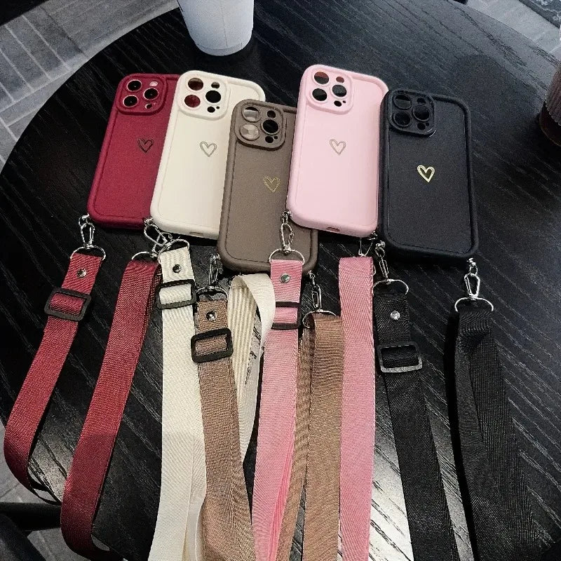 Gold Love Heart With Adjustable Hanging Rope Portable Phone Case For iPhone 17 16 15 14 13 12 11 Pro Max Air 16E X XR XS Cover