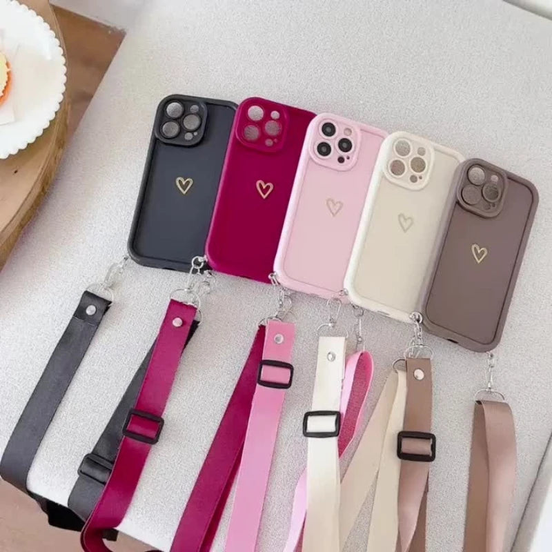 Gold Love Heart With Adjustable Hanging Rope Portable Phone Case For iPhone 17 16 15 14 13 12 11 Pro Max Air 16E X XR XS Cover