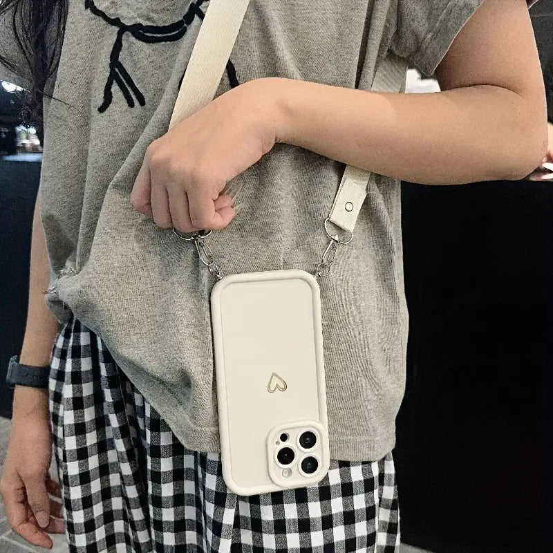 Gold Love Heart With Adjustable Hanging Rope Portable Phone Case For iPhone 17 16 15 14 13 12 11 Pro Max Air 16E X XR XS Cover