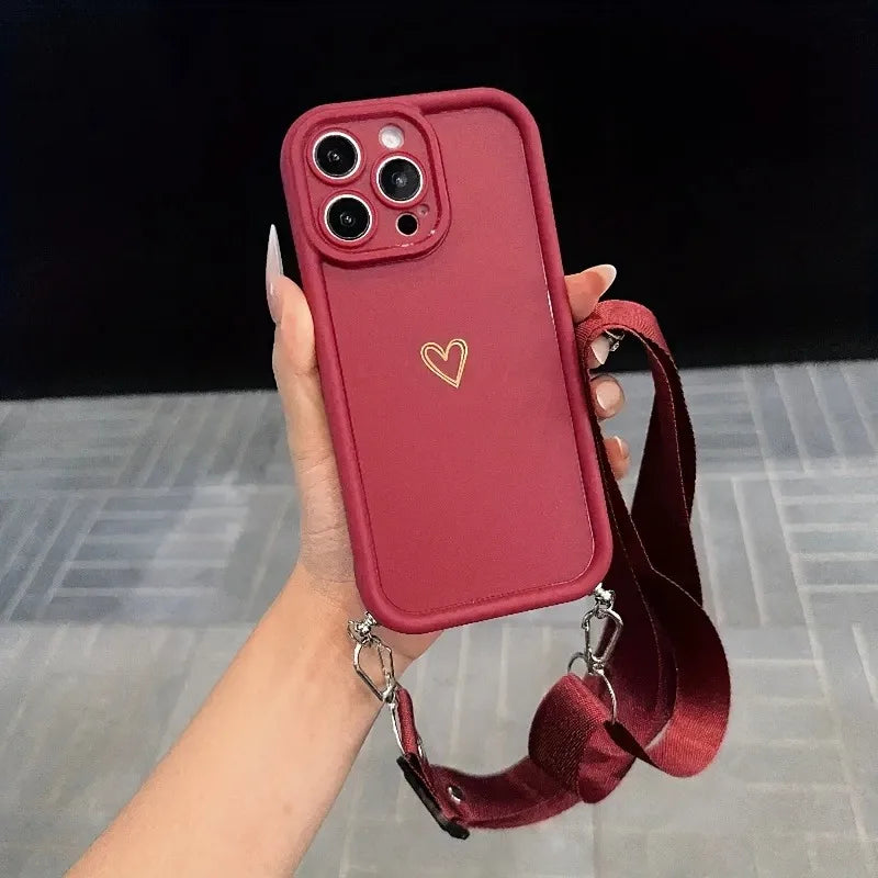 Gold Love Heart With Adjustable Hanging Rope Portable Phone Case For iPhone 17 16 15 14 13 12 11 Pro Max Air 16E X XR XS Cover