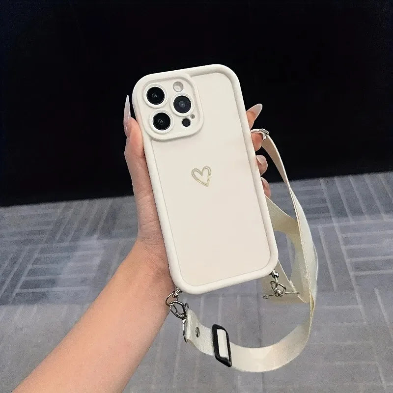 Gold Love Heart With Adjustable Hanging Rope Portable Phone Case For iPhone 17 16 15 14 13 12 11 Pro Max Air 16E X XR XS Cover