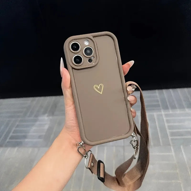 Gold Love Heart With Adjustable Hanging Rope Portable Phone Case For iPhone 17 16 15 14 13 12 11 Pro Max Air 16E X XR XS Cover