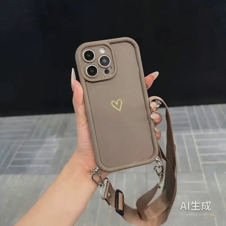 Gold Love Heart With Adjustable Hanging Rope Portable Phone Case For iPhone 17 16 15 14 13 12 11 Pro Max Air 16E X XR XS Cover